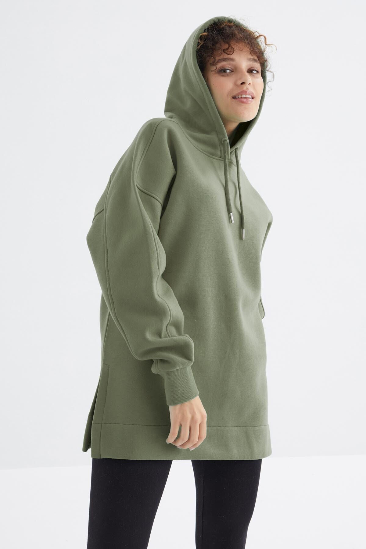 TommyLife Çağla Reglan Kol Basic Kapüşonlu Oversize Sweatshirt Tunik - 97242