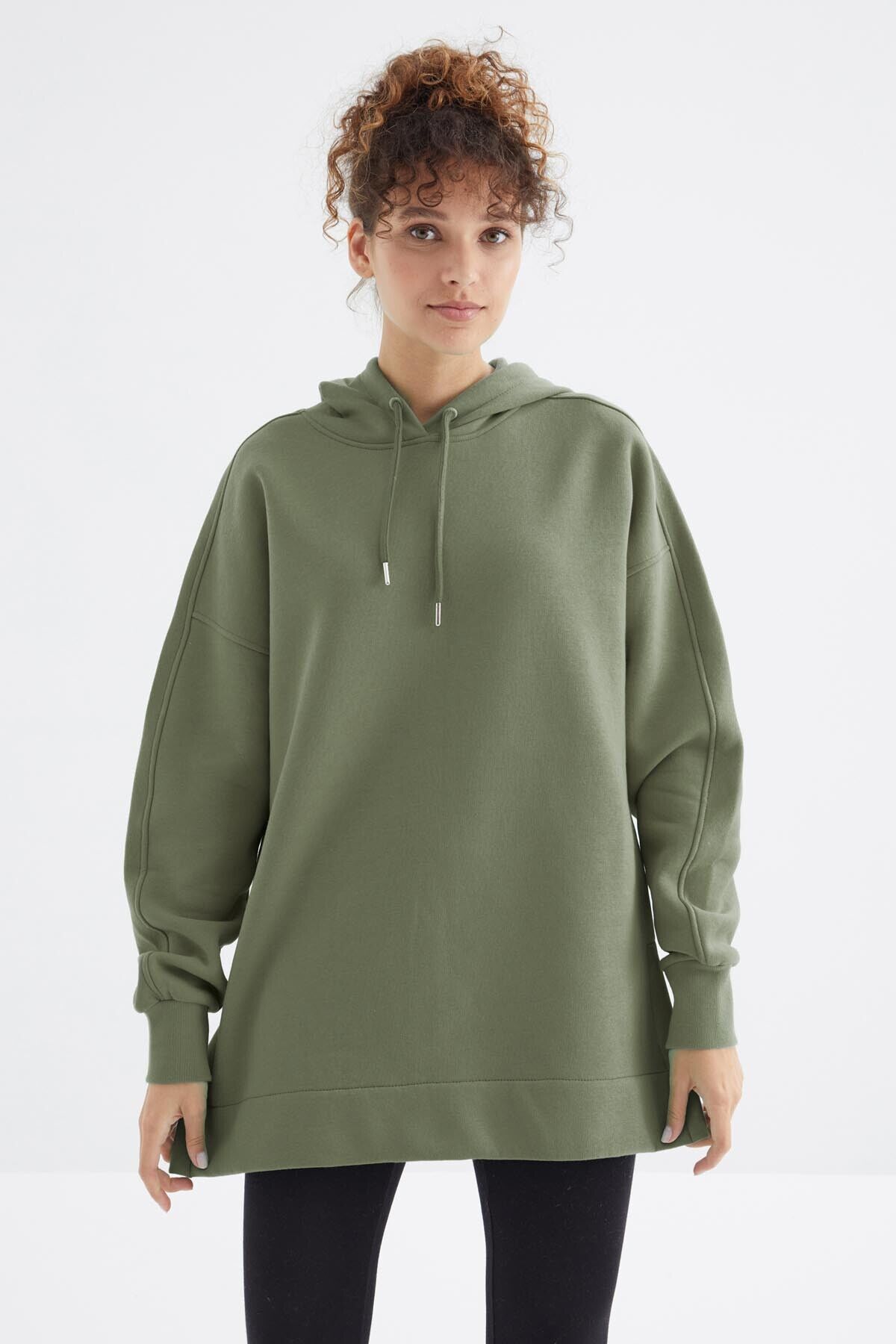 TommyLife Çağla Reglan Kol Basic Kapüşonlu Oversize Sweatshirt Tunik - 97242