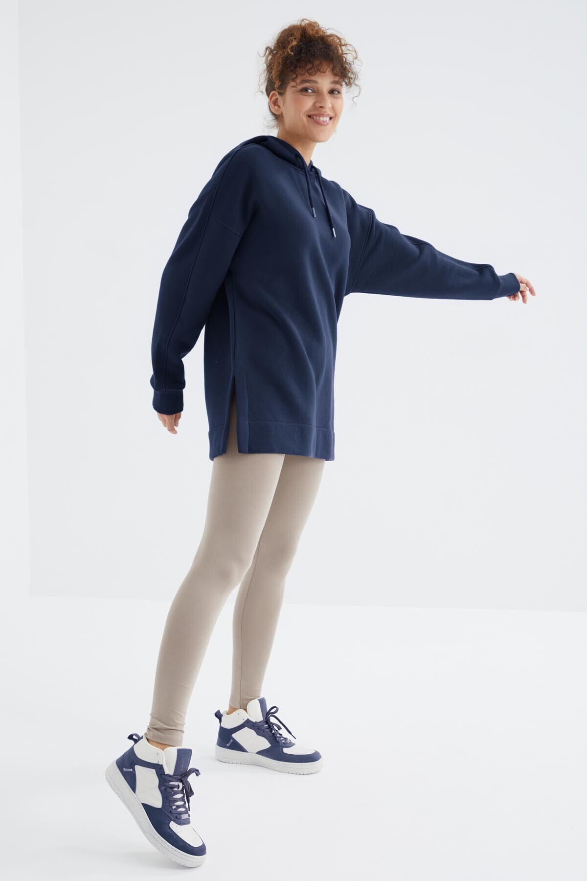 TommyLife İndigo Reglan Kol Basic Kapüşonlu Oversize Sweatshirt Tunik - 97242