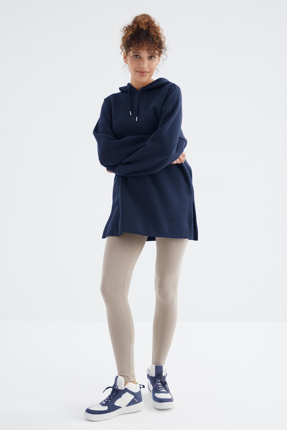 TommyLife İndigo Reglan Kol Basic Kapüşonlu Oversize Sweatshirt Tunik - 97242
