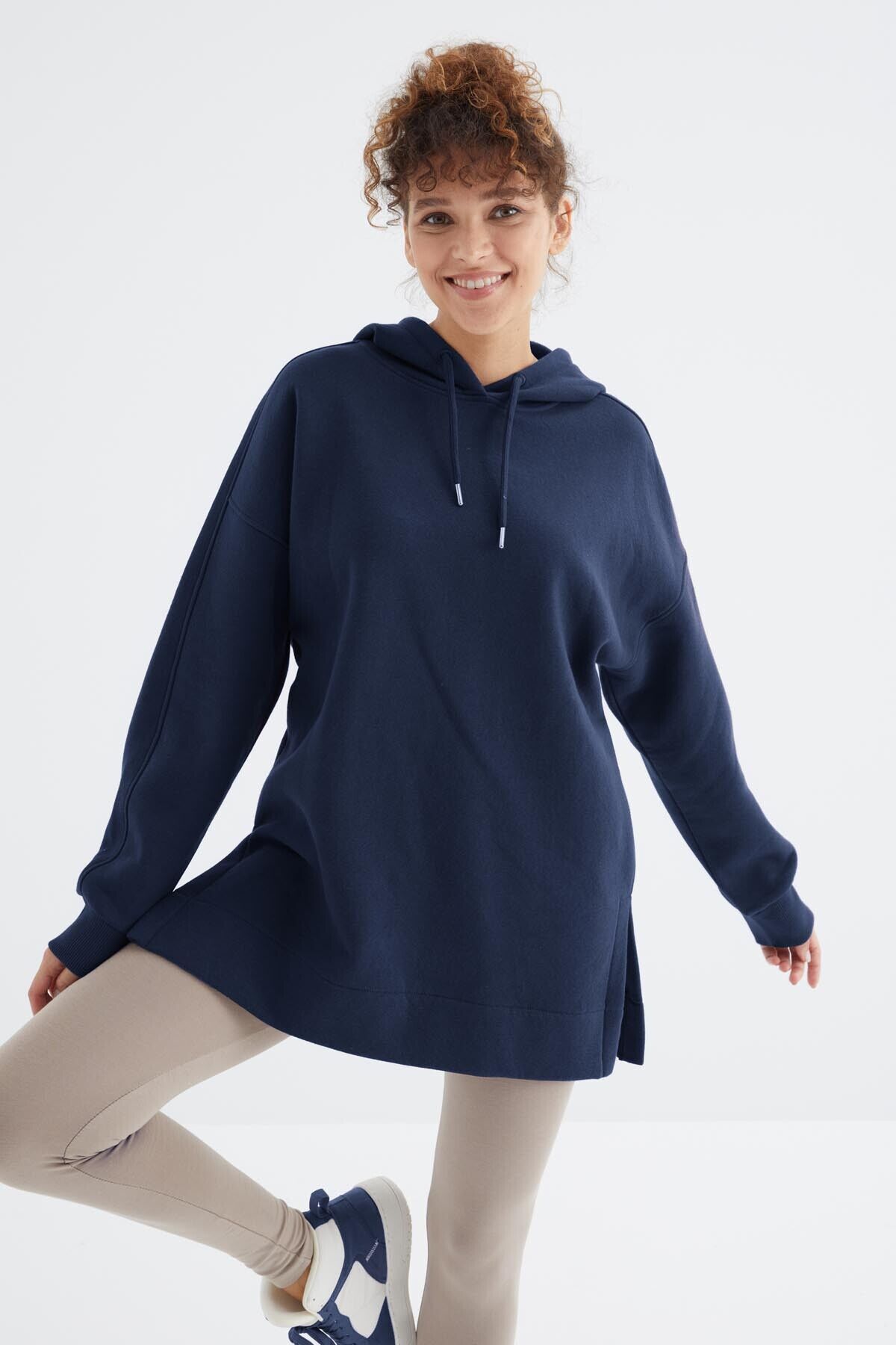 TommyLife İndigo Reglan Kol Basic Kapüşonlu Oversize Sweatshirt Tunik - 97242