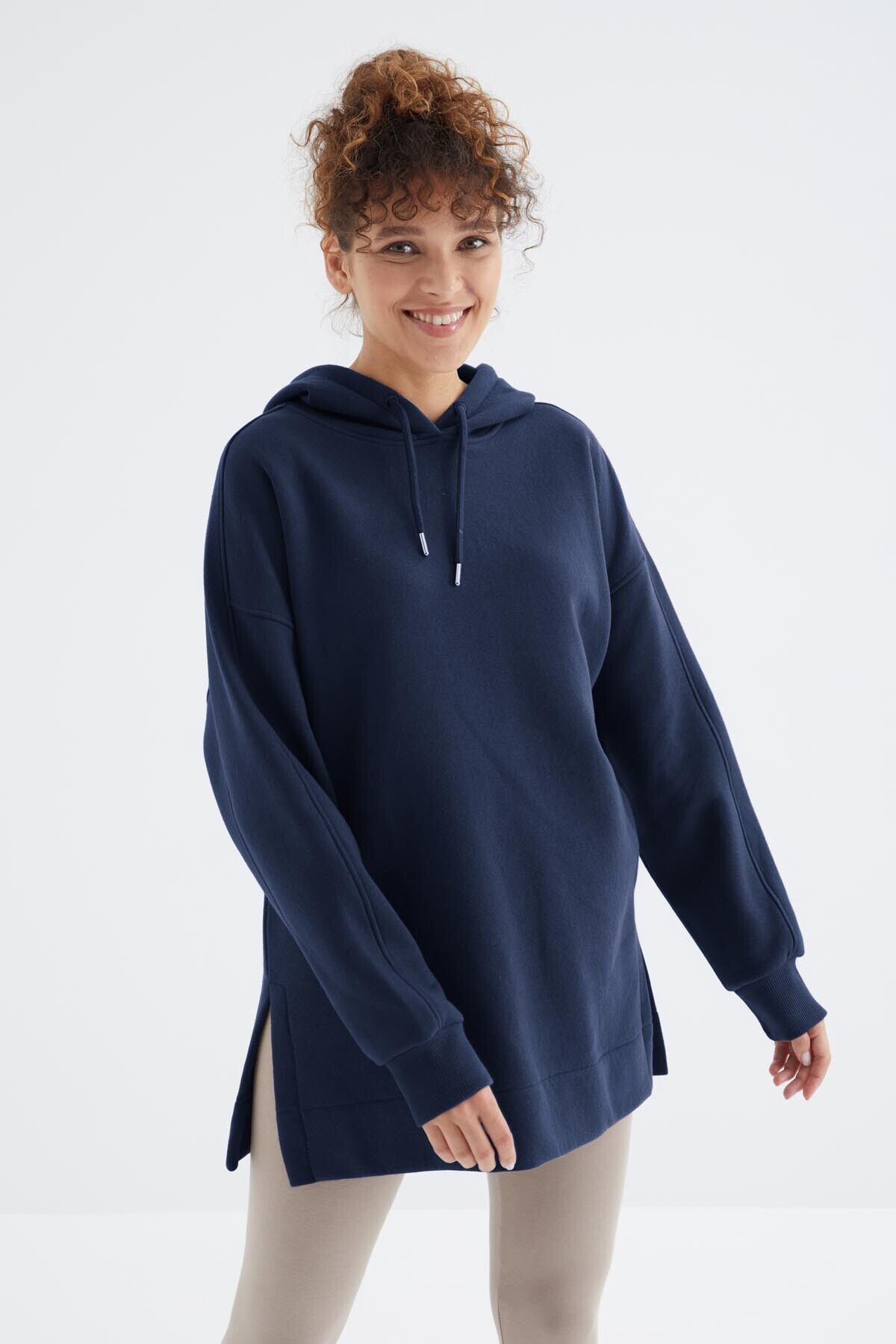TommyLife İndigo Reglan Kol Basic Kapüşonlu Oversize Sweatshirt Tunik - 97242
