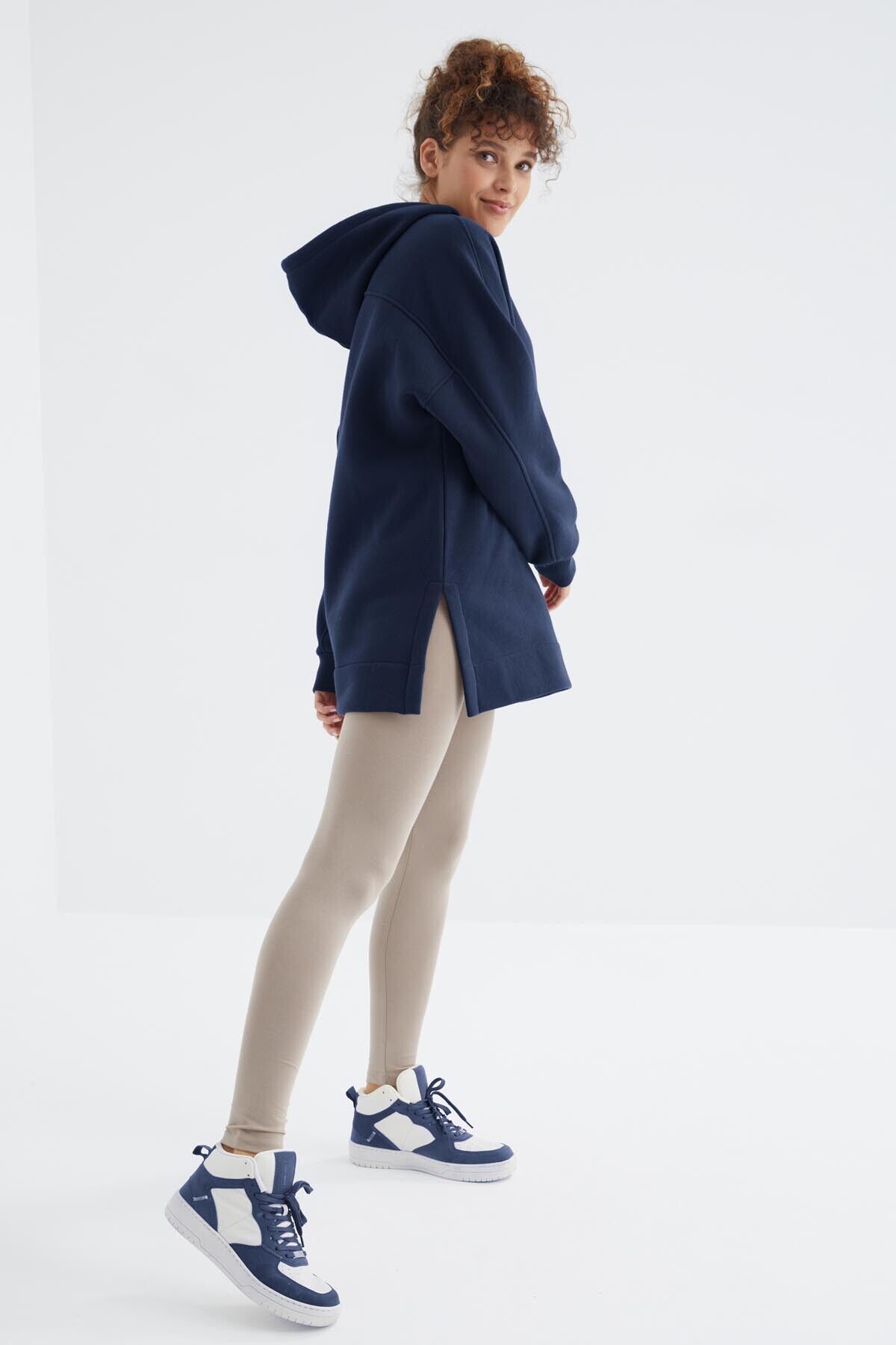 TommyLife İndigo Reglan Kol Basic Kapüşonlu Oversize Sweatshirt Tunik - 97242