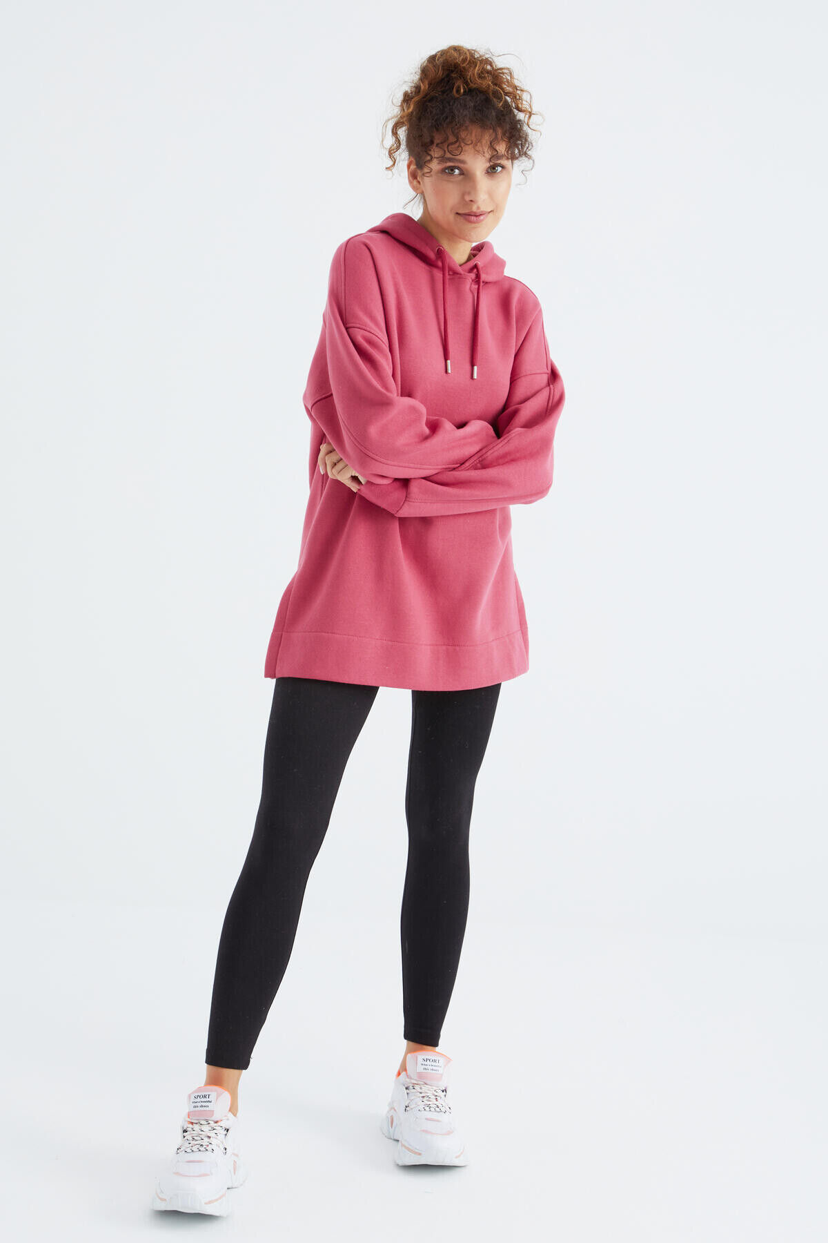 TommyLife Yaban Gülü Reglan Kol Basic Kapüşonlu Oversize Sweatshirt Sweatshirt Tunik - 97242