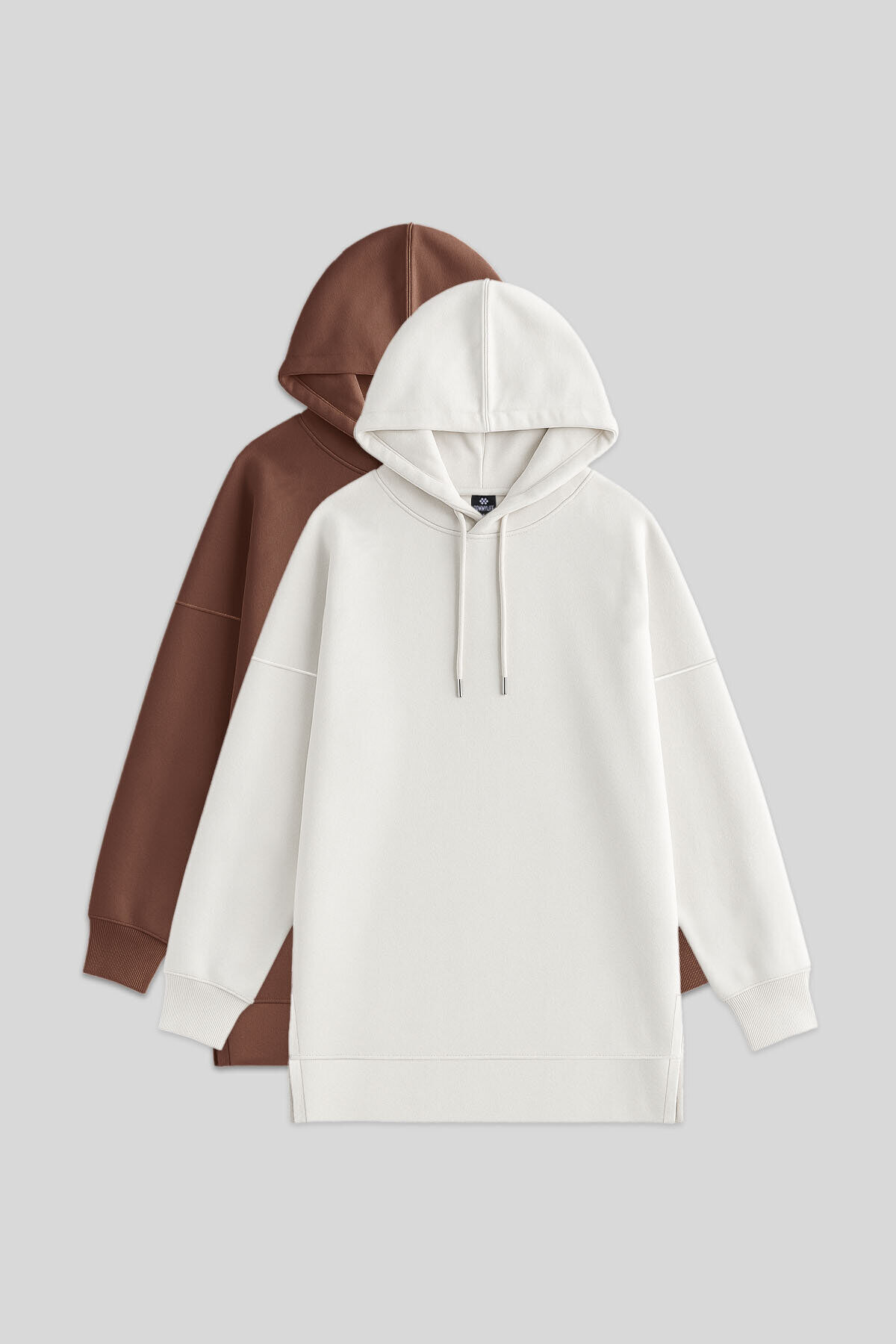 TommyLife Oversize Kapüşonlu 2li Paket Ekru-Kahverengi Kadın Tunik Sweatshirt - 97242