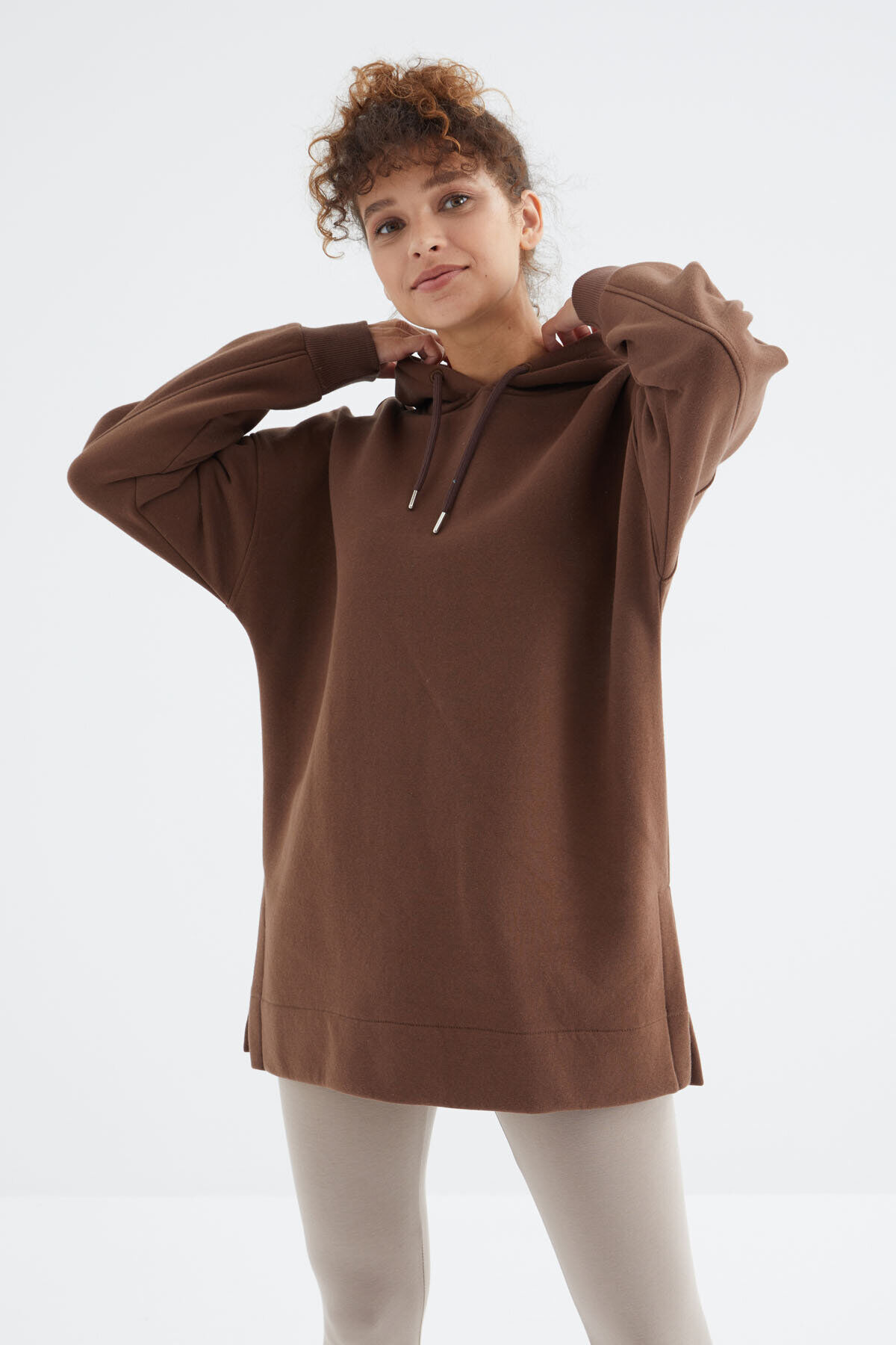 TommyLife Oversize Kapüşonlu 2li Paket Ekru-Kahverengi Kadın Tunik Sweatshirt - 97242