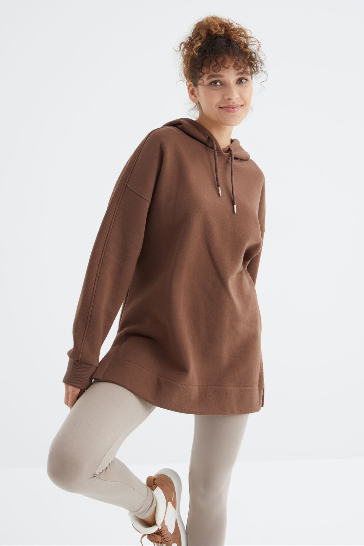 TommyLife Oversize Kapüşonlu 2li Paket Ekru-Kahverengi Kadın Tunik Sweatshirt - 97242