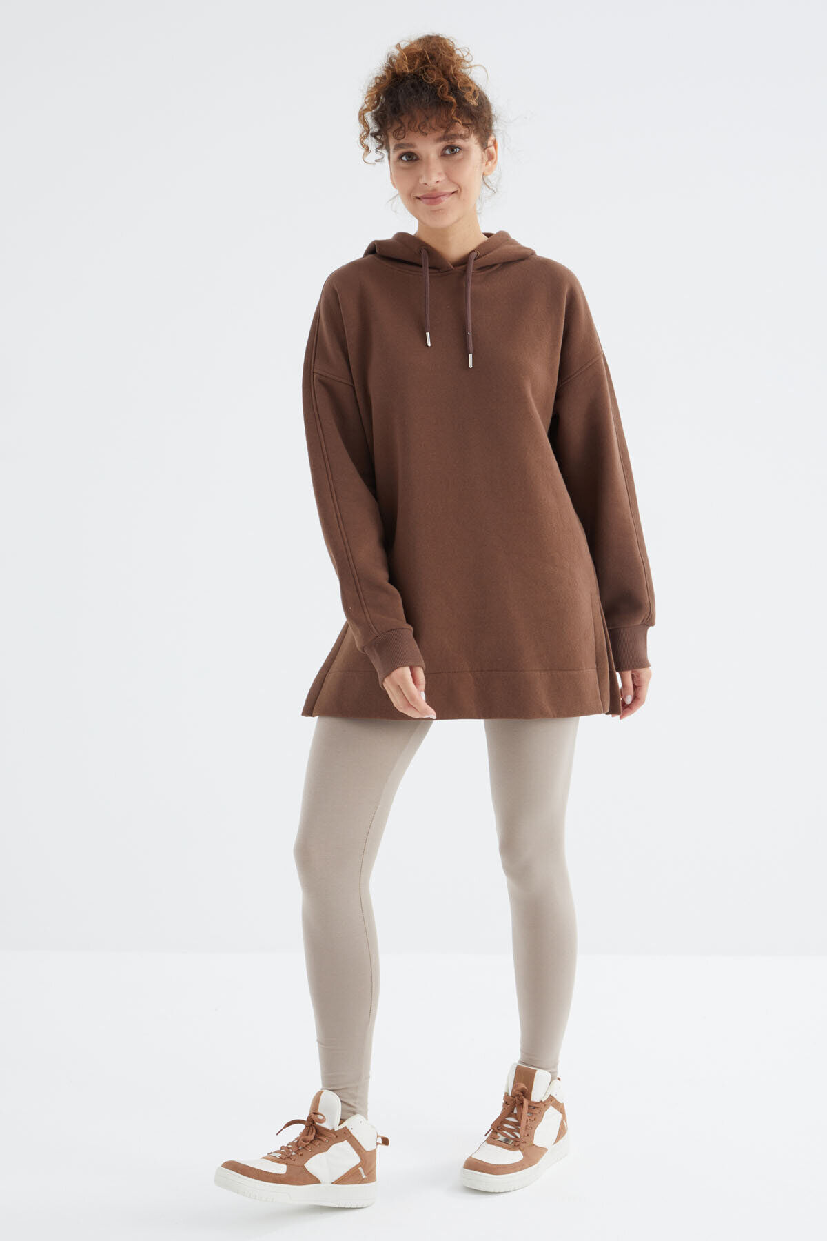 TommyLife Oversize Kapüşonlu 2li Paket Ekru-Kahverengi Kadın Tunik Sweatshirt - 97242