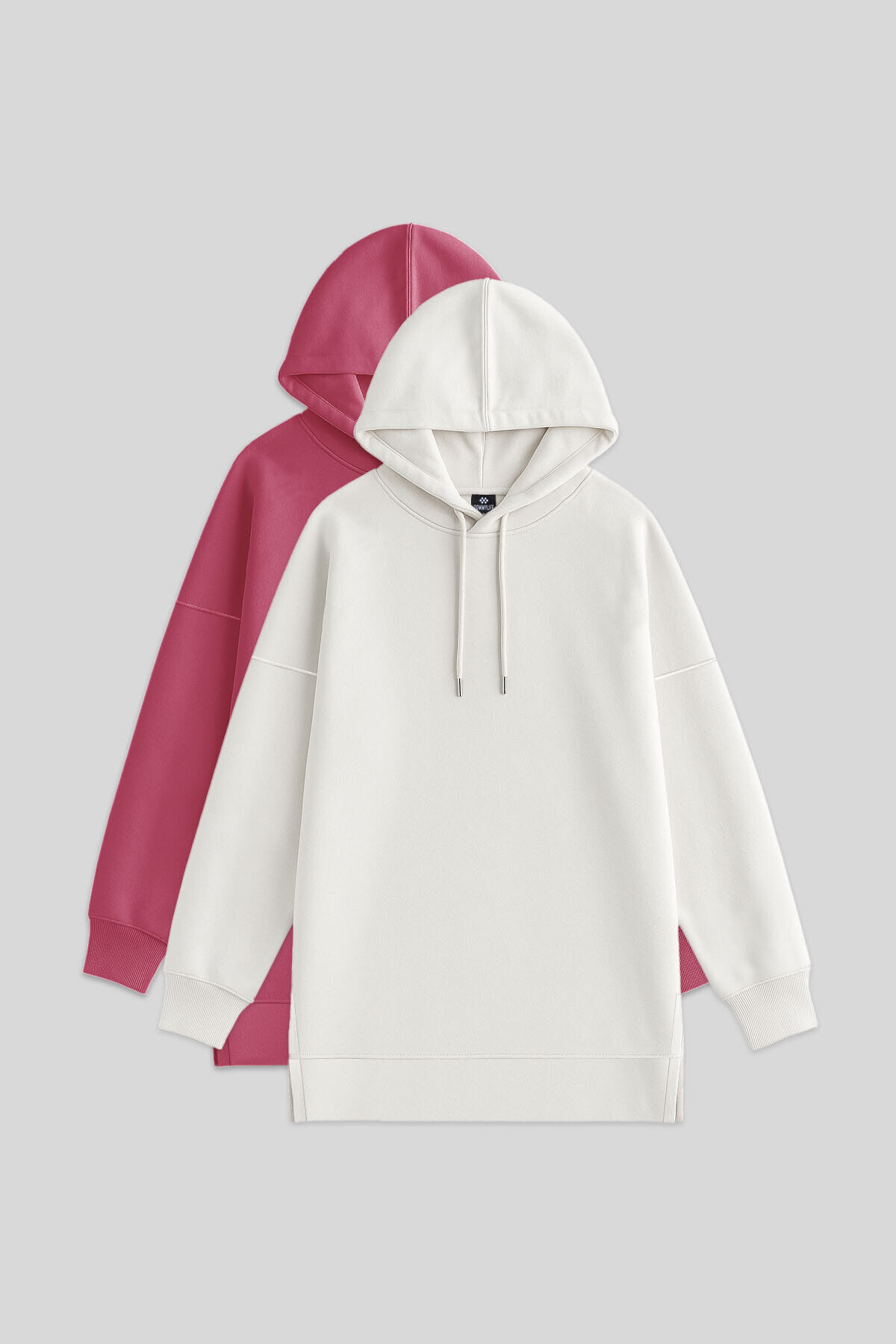 TommyLife Oversize Kapüşonlu 2li Paket Ekru-Yaban Gülü Kadın Tunik Sweatshirt - 97242