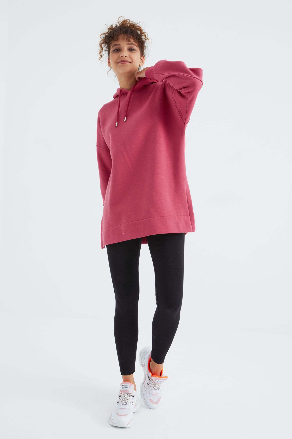 TommyLife Oversize Kapüşonlu 2li Paket Ekru-Yaban Gülü Kadın Tunik Sweatshirt - 97242