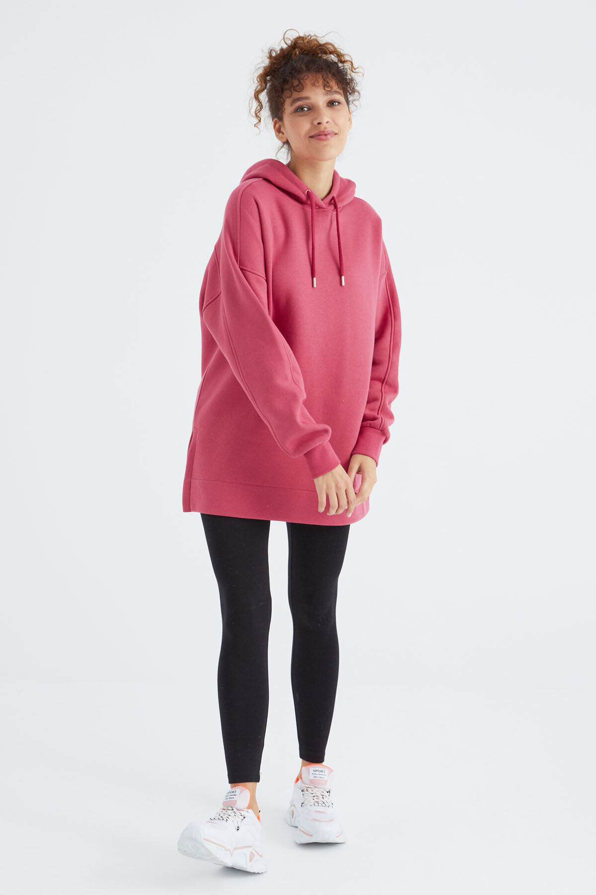 TommyLife Oversize Kapüşonlu 2li Paket Ekru-Yaban Gülü Kadın Tunik Sweatshirt - 97242