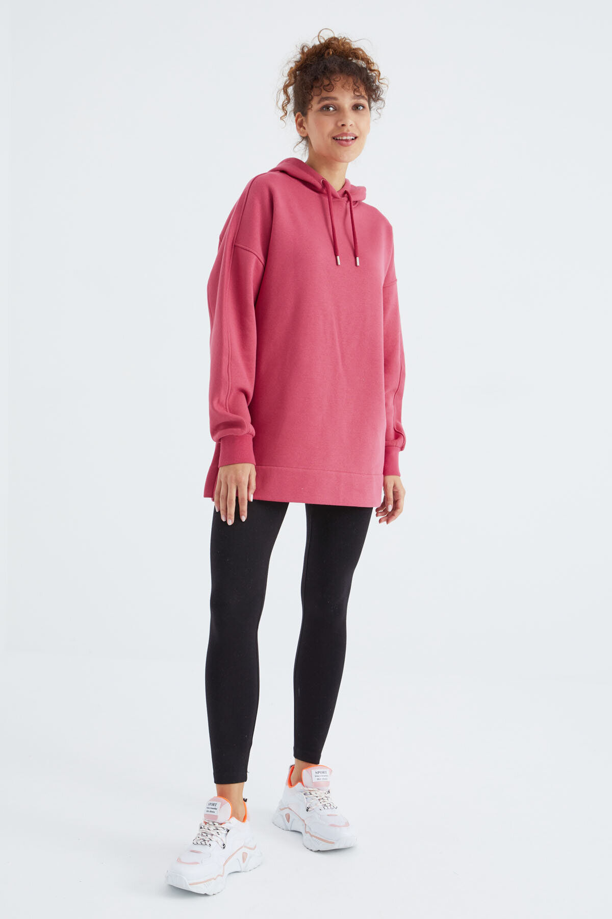 TommyLife Oversize Kapüşonlu 2li Paket Ekru-Yaban Gülü Kadın Tunik Sweatshirt - 97242