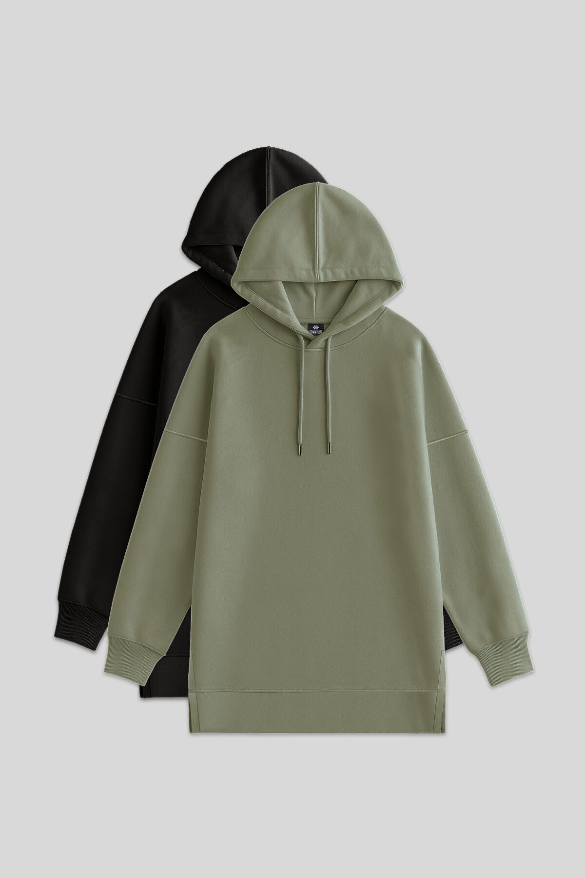TommyLife Oversize Kapüşonlu 2li Paket Siyah-Çağla Kadın Tunik Sweatshirt - 97242