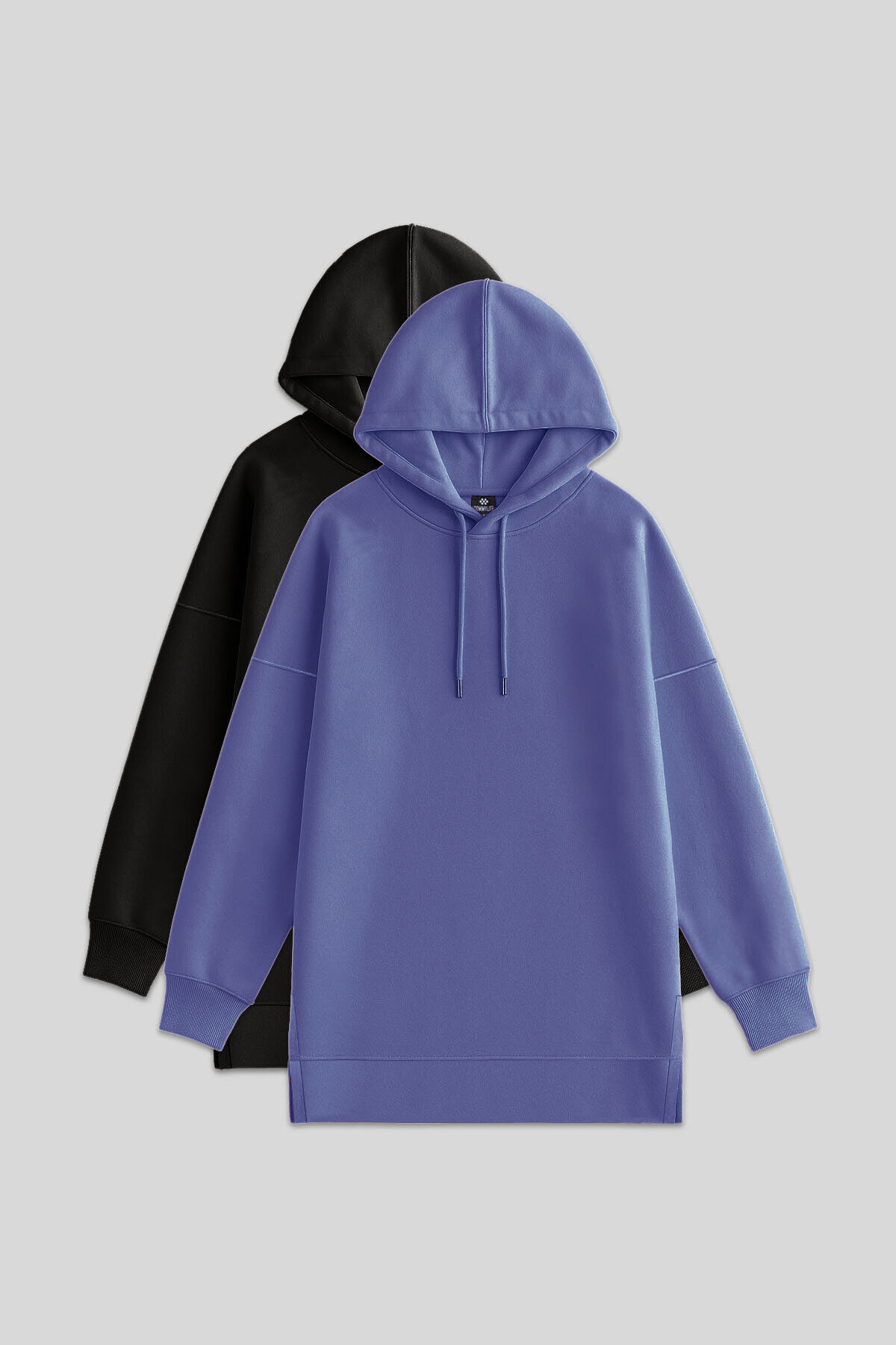 TommyLife Oversize Kapüşonlu 2li Paket Siyah-Eflatun Kadın Tunik Sweatshirt - 97242