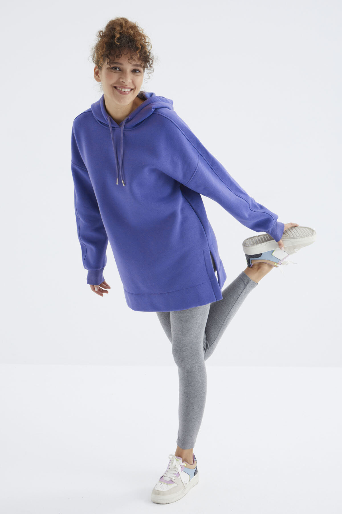 TommyLife Oversize Kapüşonlu 2li Paket Siyah-Eflatun Kadın Tunik Sweatshirt - 97242