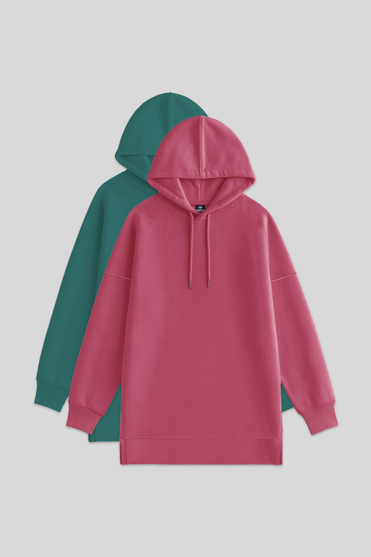 TommyLife Oversize Kapüşonlu 2li Paket Yaban Gülü-Deniz Yeşili Kadın Tunik Sweatshirt - 97242