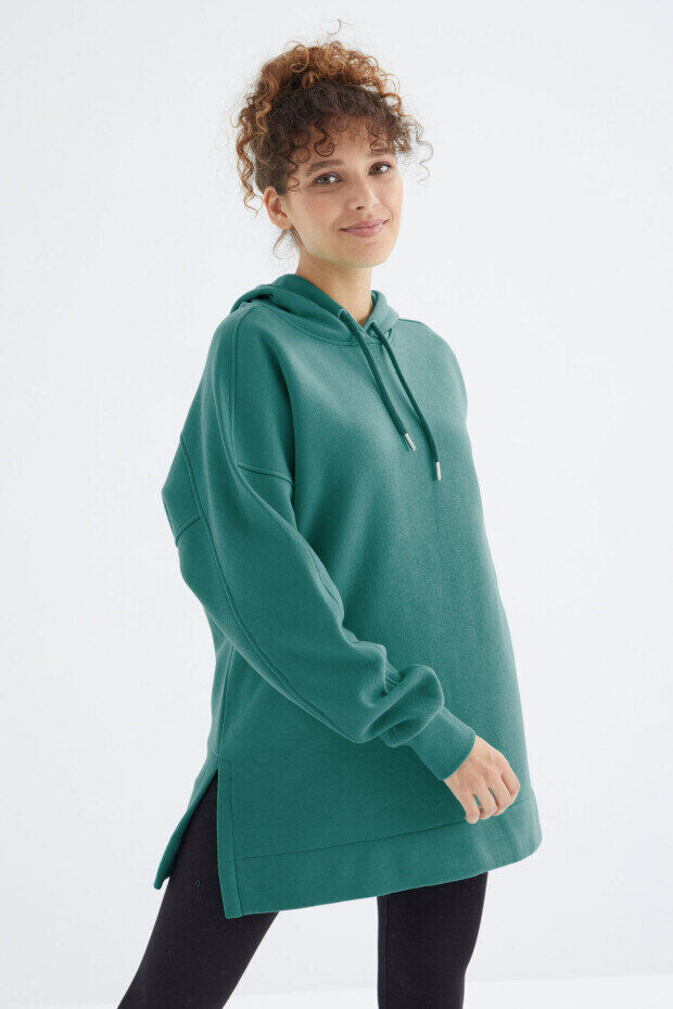 TommyLife Oversize Kapüşonlu 2li Paket Yaban Gülü-Deniz Yeşili Kadın Tunik Sweatshirt - 97242