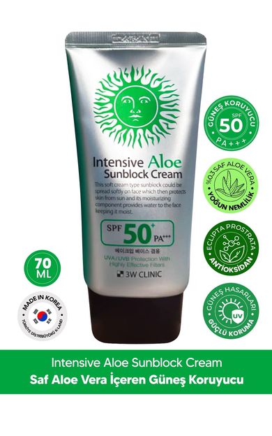 Hassas Ciltler İçin Aloe Vera İçeren Yatıştırıcı Büyük Boy Güneş Kremi 3W Clinic SPF 50+ PA+++ 70 ml