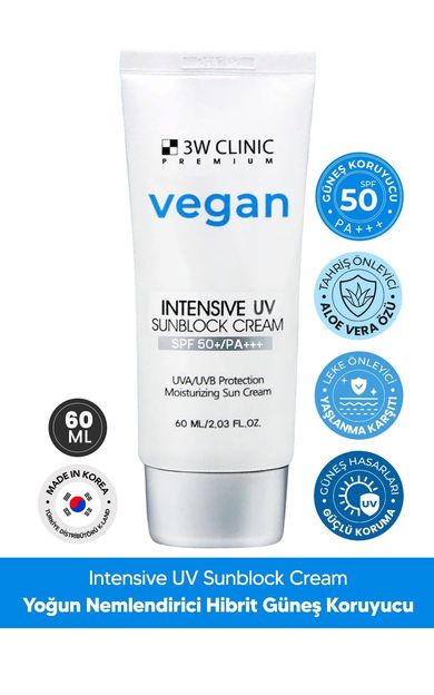 Yoğun Nemlendirme Etkili Vegan Hibrit Güneş Kremi SPF 50 PA +++ 3W CLINIC Premium Vegan UV Sun 60ml