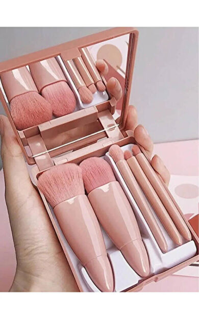 Çanta Tipi Aynalı 5li Makyaj Fırça Seti Göz Farı Fondöten Allık Karıştırma Makyaj Fırçaları