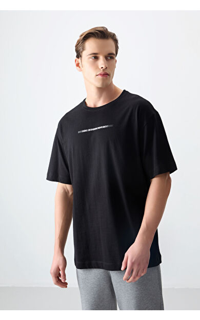 Air Jones Siyah %100 Pamuk Kalın Yumuşak Dokulu Oversize Fit Baskılı Erkek T-Shirt - 88358