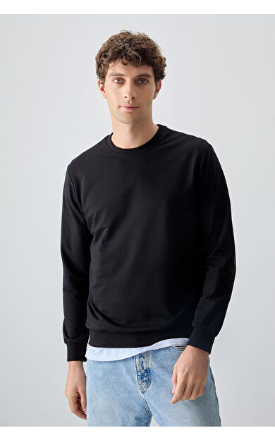 Air Jones Siyah Pamuk Yumuşak Dokulu Standart Fit Basic Erkek Sweatshirt - 88363