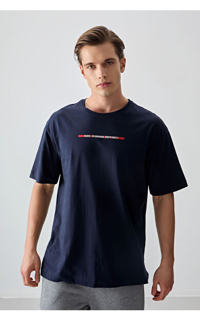 Air Jones Lacivert %100 Pamuk Kalın Yumuşak Dokulu Oversize Fit Baskılı Erkek T-Shirt - 88358