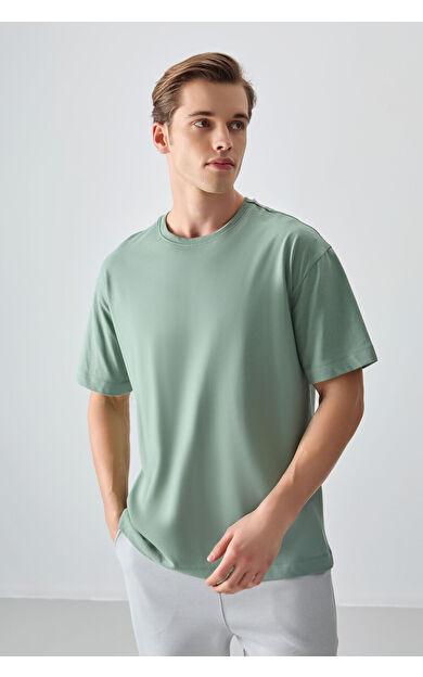 Air Jones Açık Yeşil %100 Pamuk Kalın Yumuşak Dokulu Oversize Fit Basic Erkek T-Shirt - 88353