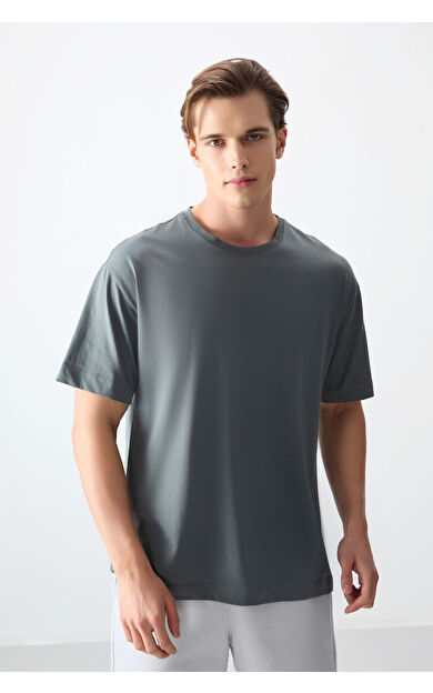 Air Jones Haki %100 Pamuk Kalın Yumuşak Dokulu Oversize Fit Basic Erkek T-Shirt - 88353