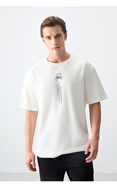 Air Jones Ekru %100 Pamuk Kalın Yumuşak Dokulu Oversize Fit Baskılı Erkek T-Shirt - 88355