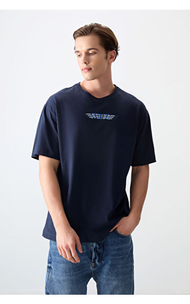 Air Jones Lacivert %100 Pamuk Kalın Yumuşak Dokulu Oversize Fit Baskılı Erkek T-Shirt - 88356