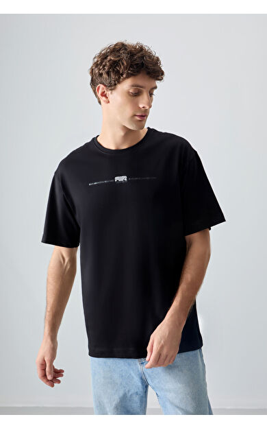 Air Jones Siyah %100 Pamuk Kalın Yumuşak Dokulu Oversize Fit Baskılı Erkek T-Shirt - 88357