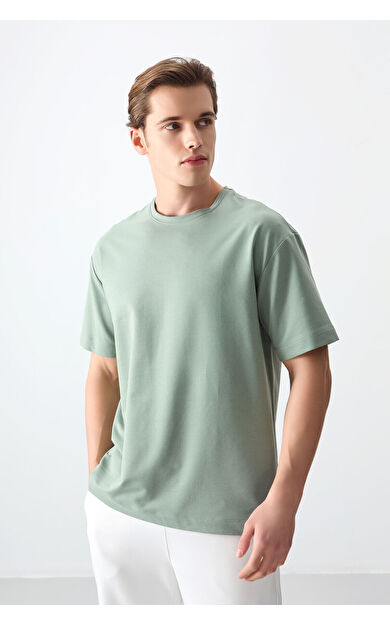Air Jones Açık Yeşil Pamuklu Kalın Yumuşak Dokulu Oversize Fit Basic Erkek T-Shirt - 88377