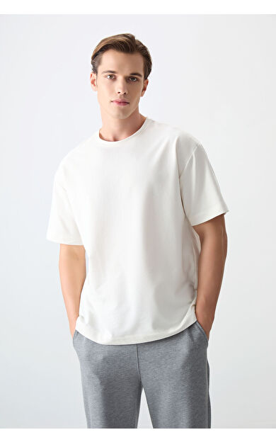 Air Jones Ekru Pamuklu Kalın Yumuşak Dokulu Oversize Fit Basic Erkek T-Shirt - 88377