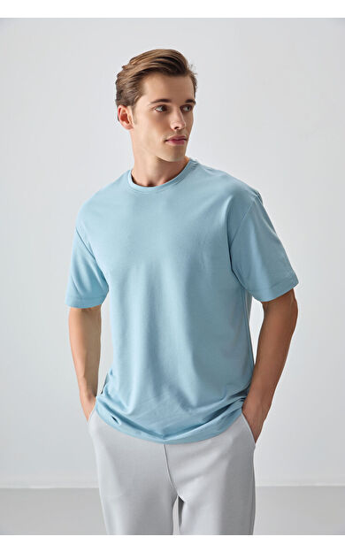 Air Jones Açık Mavi Pamuklu Kalın Yumuşak Dokulu Oversize Fit Basic Erkek T-Shirt - 88377