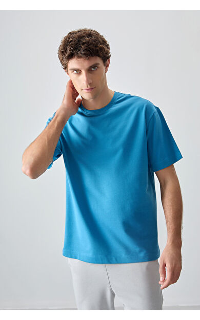 Air Jones Petrol Mavi Pamuklu Kalın Yumuşak Dokulu Oversize Fit Basic Erkek T-Shirt - 88377