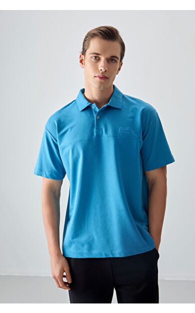Air Jones Petrol Mavi Pamuklu Kalın Yumuşak Dokulu Polo Yaka Oversize Fit Basic Erkek T- Shirt - 88382