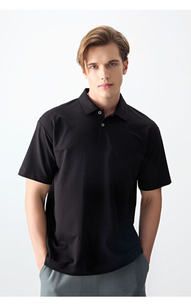 Air Jones Siyah Pamuklu Kalın Yumuşak Dokulu Polo Yaka Oversize Fit Basic Erkek T- Shirt - 88382