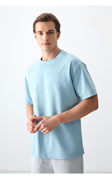 Air Jones Açık Mavi Pamuklu Kalın Yumuşak Dokulu Oversize Fit Basic Erkek T-Shirt - 88378