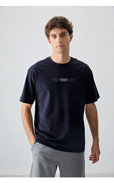 Air Jones Lacivert Pamuklu Kalın Yumuşak Dokulu Oversize Fit Baskılı Erkek T-Shirt - 88374