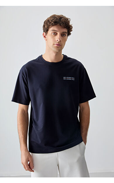Air Jones Lacivert Pamuklu Kalın Yumuşak Dokulu Oversize Fit Baskılı Erkek T-Shirt - 88375