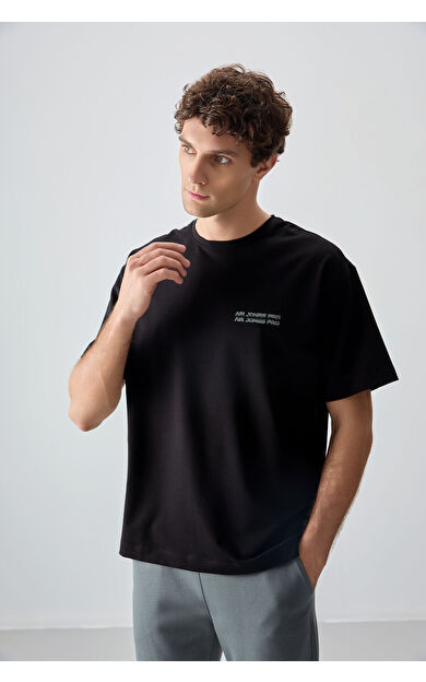 Air Jones Siyah Pamuklu Kalın Yumuşak Dokulu Oversize Fit Baskılı Erkek T-Shirt - 88375