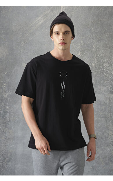 Air Jones Siyah %100 Pamuk Kalın Yumuşak Dokulu Oversize Fit Baskılı Erkek T-Shirt - 88355