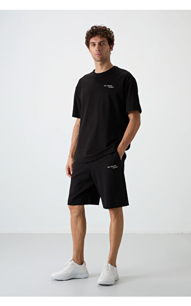 Air Jones Siyah Pamuklu Kalın Yumuşak Dokulu Oversize Fit Nakışlı Erkek Şort Takım - 85250