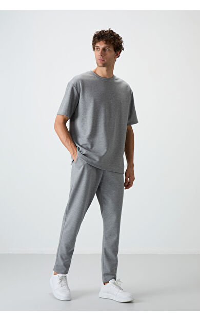 Air Jones Gri Melanj Pamuklu Kalın Yumuşak Dokulu Oversize Fit Basic Erkek Eşofman Takım - 85251