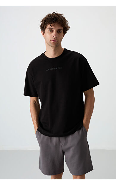 Air Jones Siyah Pamuklu Kalın Yüzeyi Dokulu Oversize Fit  Baskılı Erkek T-Shirt - 88364