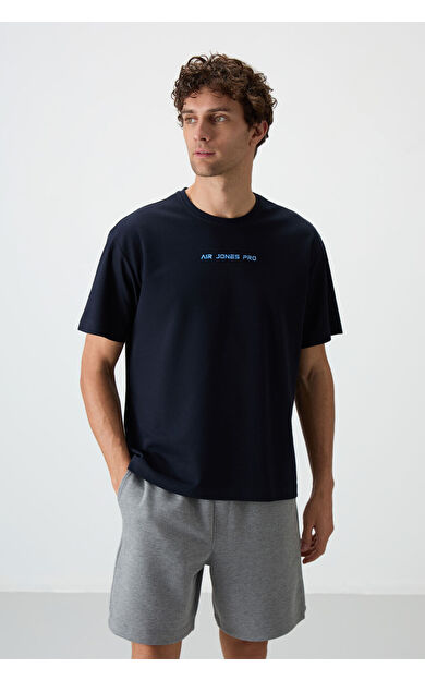 Air Jones Lacivert Pamuklu Kalın Yüzeyi Dokulu Oversize Fit  Baskılı Erkek T-Shirt - 88364