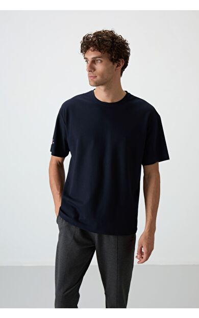 Air Jones Lacivert Pamuklu Kalın Yüzeyi Dokulu Oversize Fit  Baskılı Erkek T-Shirt - 88369