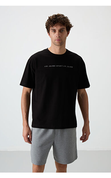 Air Jones Siyah Pamuklu Kalın Yüzeyi Dokulu Oversize Fit  Baskılı Erkek T-Shirt - 88371