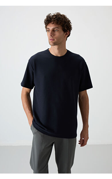 Air Jones Lacivert Waffle İnterlok Yüzeyi Dokulu Oversize Fit Basic Erkek T-Shirt - 88379